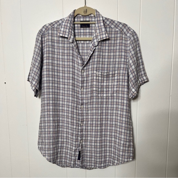 Linen Club Studio European Linen White Plaid Short Sleeve Button Down 15 3/4 in - Picture 1 of 9